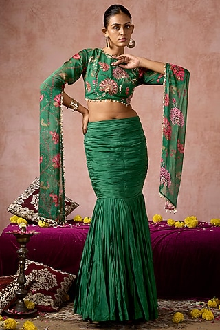 Green Cotton Silk Fish-Cut Skirt Set by ARJE India