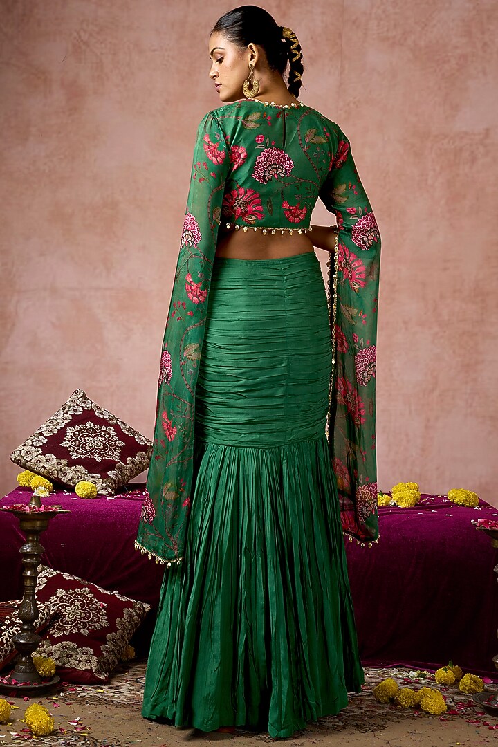 Green Cotton Silk Fish-Cut Skirt Set by ARJE India at Pernia's Pop Up Shop