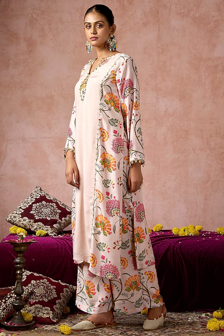 Nude Cotton Silk Floral Printed Kurta Set by ARJE India at Pernia's Pop Up Shop