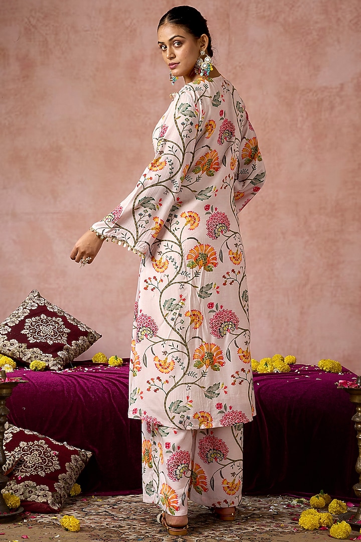 Nude Cotton Silk Floral Printed Kurta Set by ARJE India at Pernia's Pop Up Shop