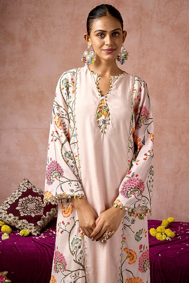 Nude Cotton Silk Floral Printed Kurta Set by ARJE India at Pernia's Pop Up Shop