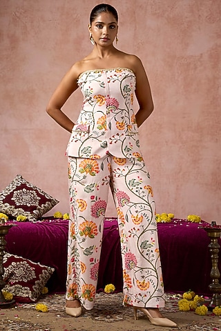 Nude Cotton Silk Floral Printed Co-Ord Set by ARJE India