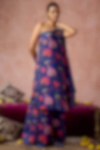 Blue Cotton Silk Floral Printed One-Shoulder Kurta Set by ARJE India at Pernia's Pop Up Shop