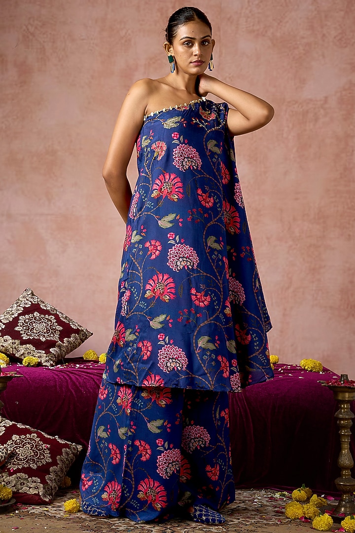 Blue Cotton Silk Floral Printed One-Shoulder Kurta Set by ARJE India at Pernia's Pop Up Shop