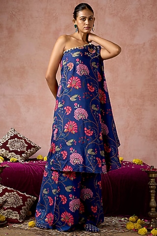 Blue Cotton Silk Floral Printed One-Shoulder Kurta Set by ARJE India