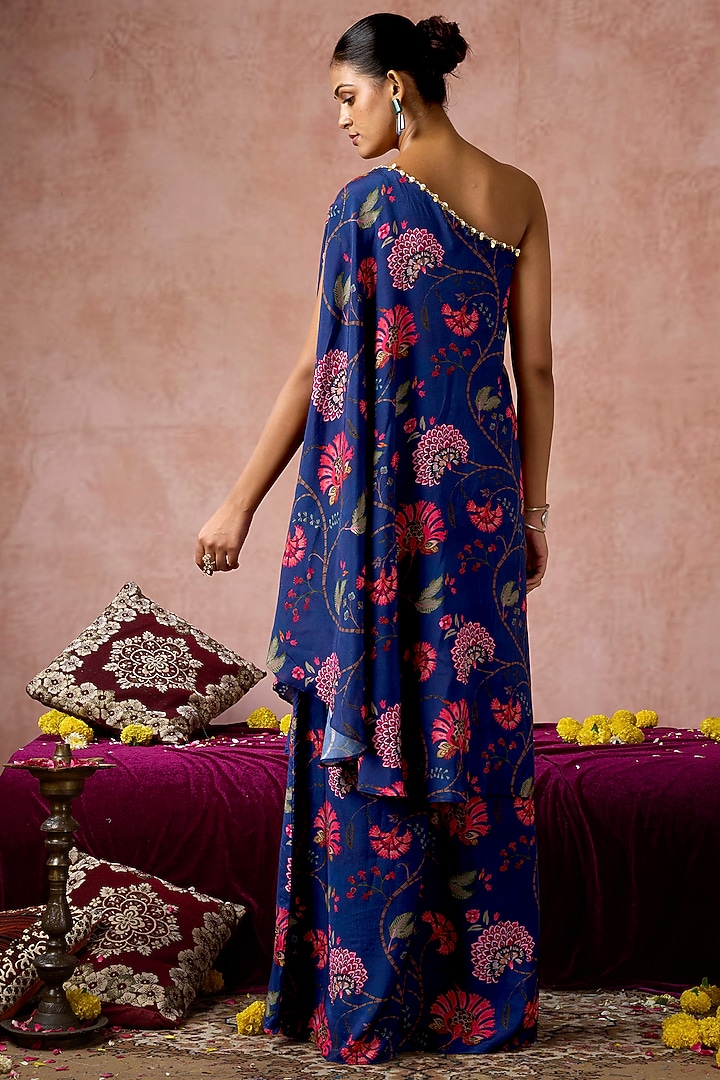 Blue Cotton Silk Floral Printed One-Shoulder Kurta Set by ARJE India at Pernia's Pop Up Shop