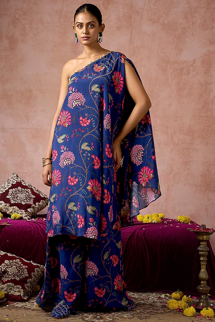 Blue Cotton Silk Floral Printed One-Shoulder Kurta Set by ARJE India at Pernia's Pop Up Shop