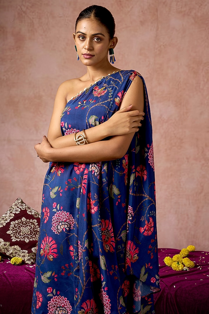 Blue Cotton Silk Floral Printed One-Shoulder Kurta Set by ARJE India at Pernia's Pop Up Shop