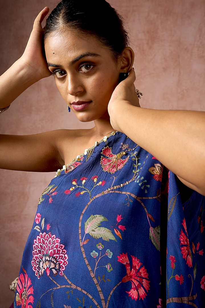 Blue Cotton Silk Floral Printed One-Shoulder Kurta Set by ARJE India at Pernia's Pop Up Shop