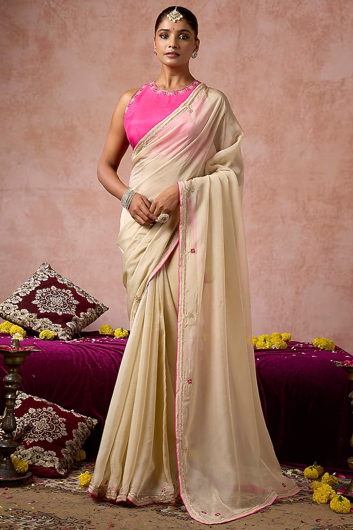 Beige Organza Embellished Wedding Saree Set by ARJE India at Pernia's Pop Up Shop