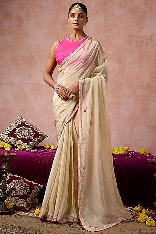 Beige Organza Embellished Saree Set by ARJE India