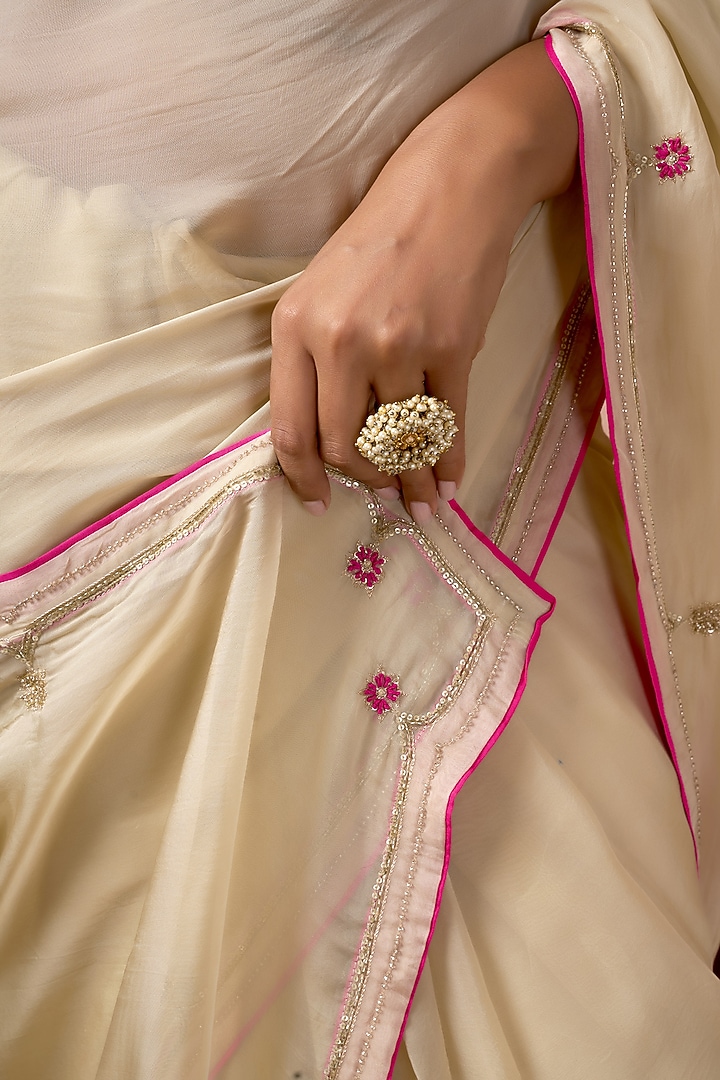 Beige Organza Embellished Wedding Saree Set by ARJE India at Pernia's Pop Up Shop