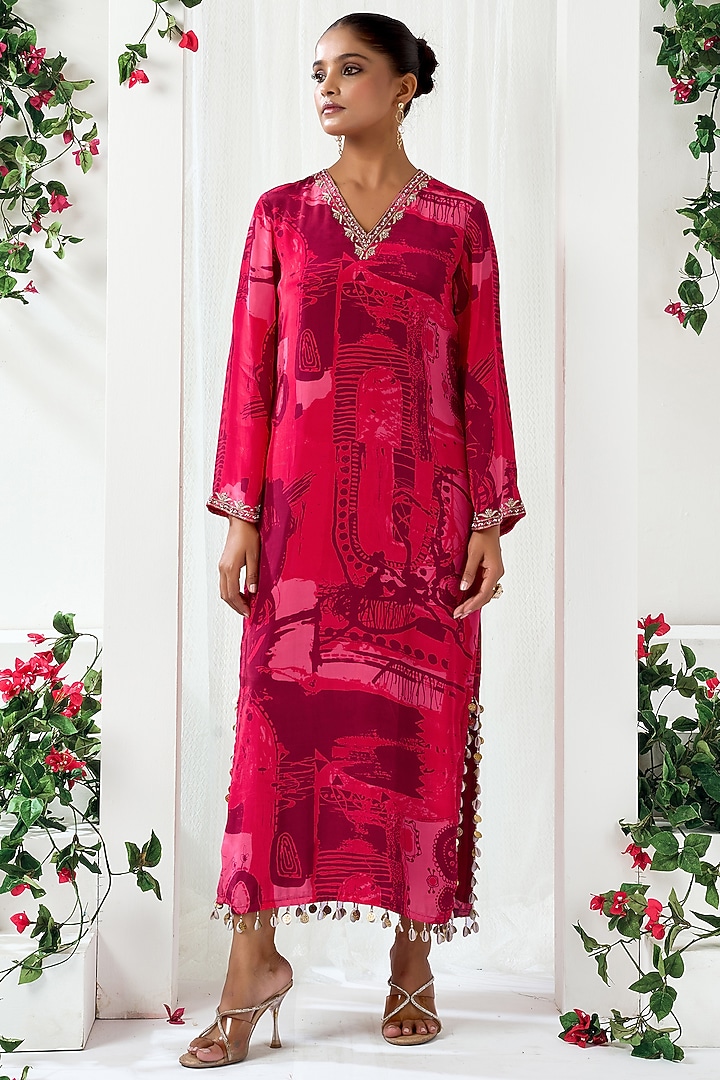 Red Natural Crepe Abstract Printed Kaftan by ARJE India at Pernia's Pop Up Shop