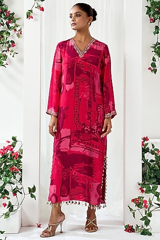 Red Natural Crepe Abstract Printed Kaftan by ARJE India