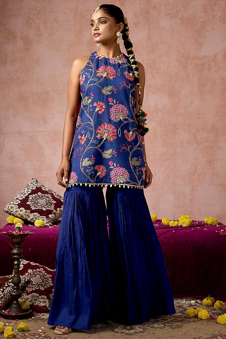 Blue Cotton Silk Party Wear Sharara Set by ARJE India at Pernia's Pop Up Shop