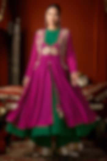 Dark Green & Magenta Cotton Silk Party Wear Anarkali Jacket Set by ARJE India at Pernia's Pop Up Shop