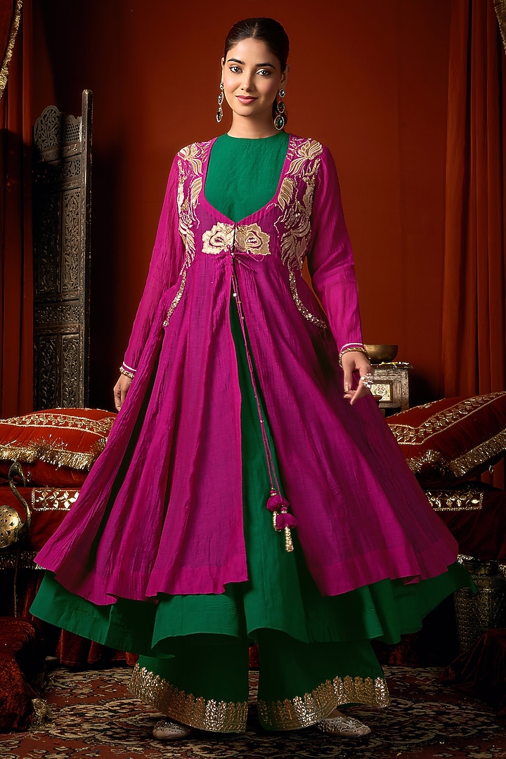 Dark Green & Magenta Cotton Silk Party Wear Anarkali Jacket Set by ARJE India at Pernia's Pop Up Shop