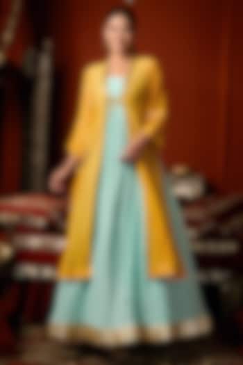 Mustard Yellow & Blue Cotton Silk Party Wear Anarkali Jacket Set by ARJE India at Pernia's Pop Up Shop