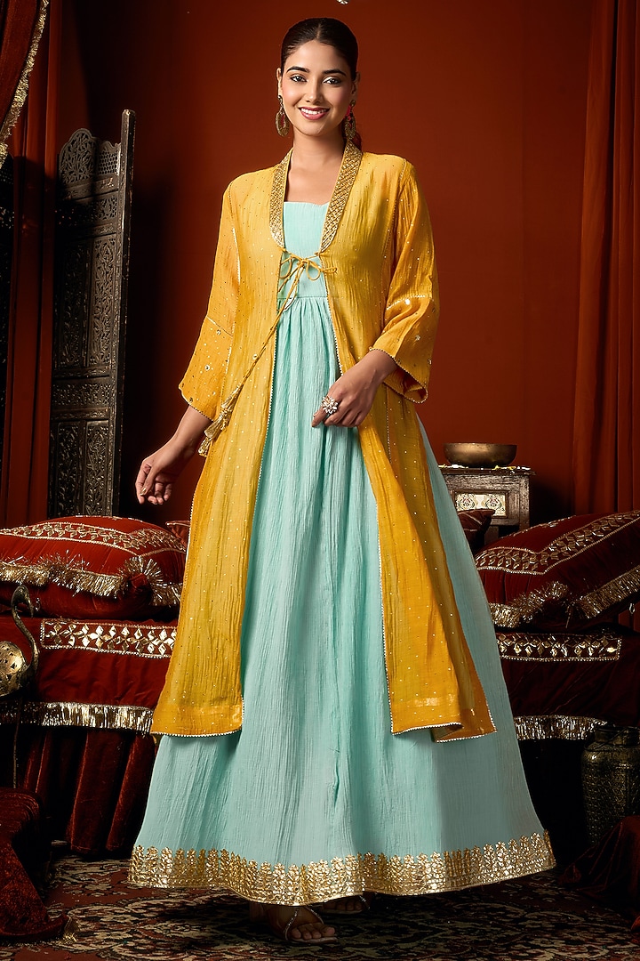 Mustard Yellow & Blue Cotton Silk Party Wear Anarkali Jacket Set by ARJE India at Pernia's Pop Up Shop