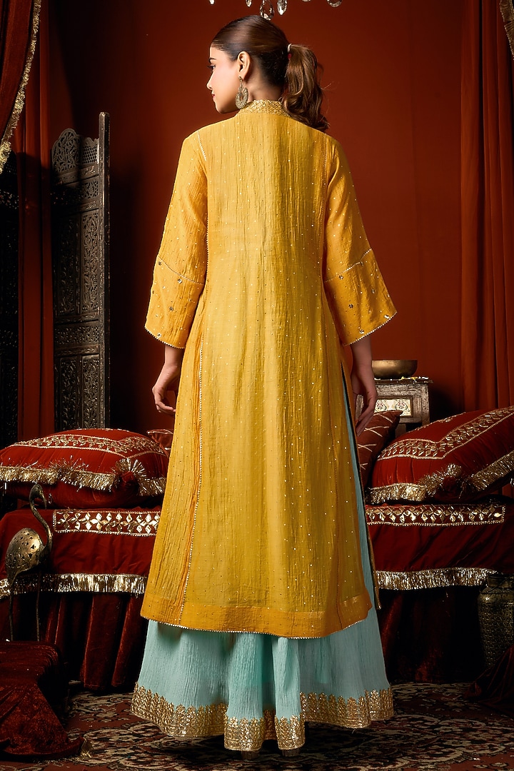 Mustard Yellow & Blue Cotton Silk Party Wear Anarkali Jacket Set by ARJE India at Pernia's Pop Up Shop