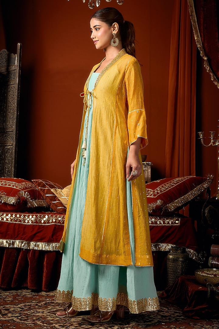 Mustard Yellow & Blue Cotton Silk Party Wear Anarkali Jacket Set by ARJE India at Pernia's Pop Up Shop