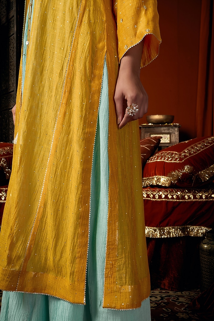Mustard Yellow & Blue Cotton Silk Party Wear Anarkali Jacket Set by ARJE India at Pernia's Pop Up Shop