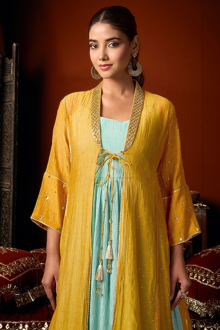Mustard Yellow & Blue Cotton Silk Party Wear Anarkali Jacket Set by ARJE India at Pernia's Pop Up Shop