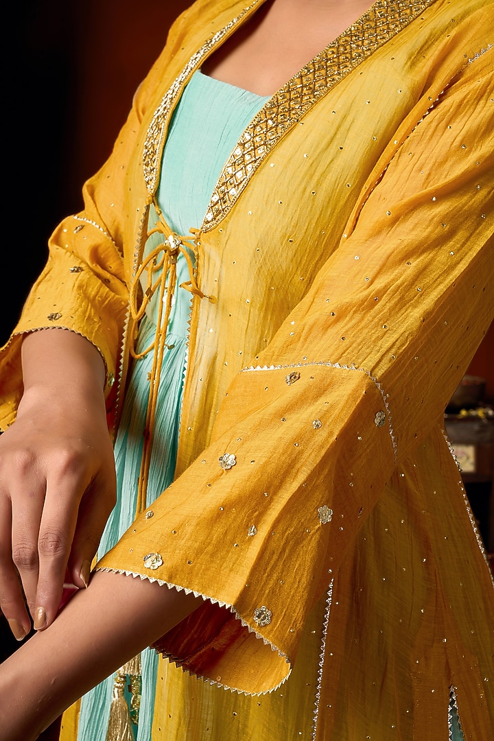 Mustard Yellow & Blue Cotton Silk Party Wear Anarkali Jacket Set by ARJE India at Pernia's Pop Up Shop