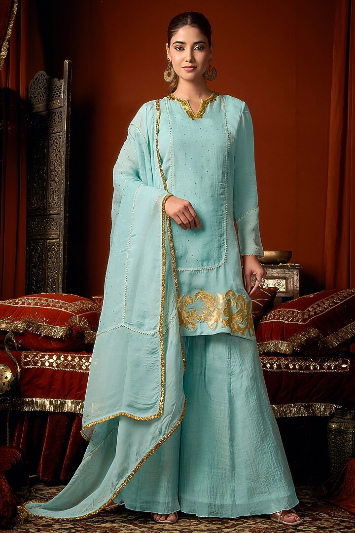 Sky Blue Cotton Silk Short Kurta Set by ARJE India at Pernia's Pop Up Shop