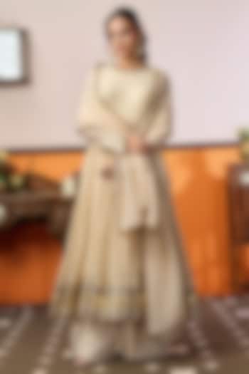 Beige Chanderi Silk Mukaish Work Party Wear Anarkali Set by ARJE India at Pernia's Pop Up Shop