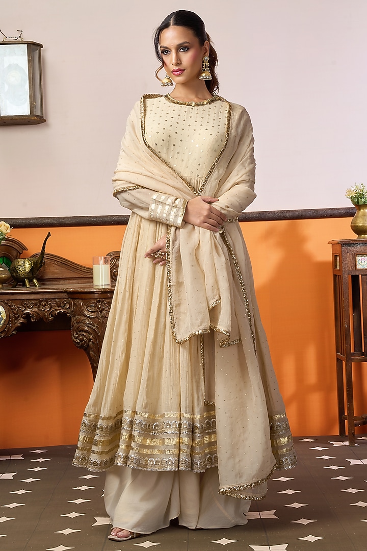 Beige Chanderi Silk Mukaish Work Party Wear Anarkali Set by ARJE India at Pernia's Pop Up Shop