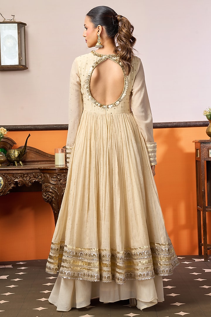 Beige Chanderi Silk Mukaish Work Party Wear Anarkali Set by ARJE India at Pernia's Pop Up Shop