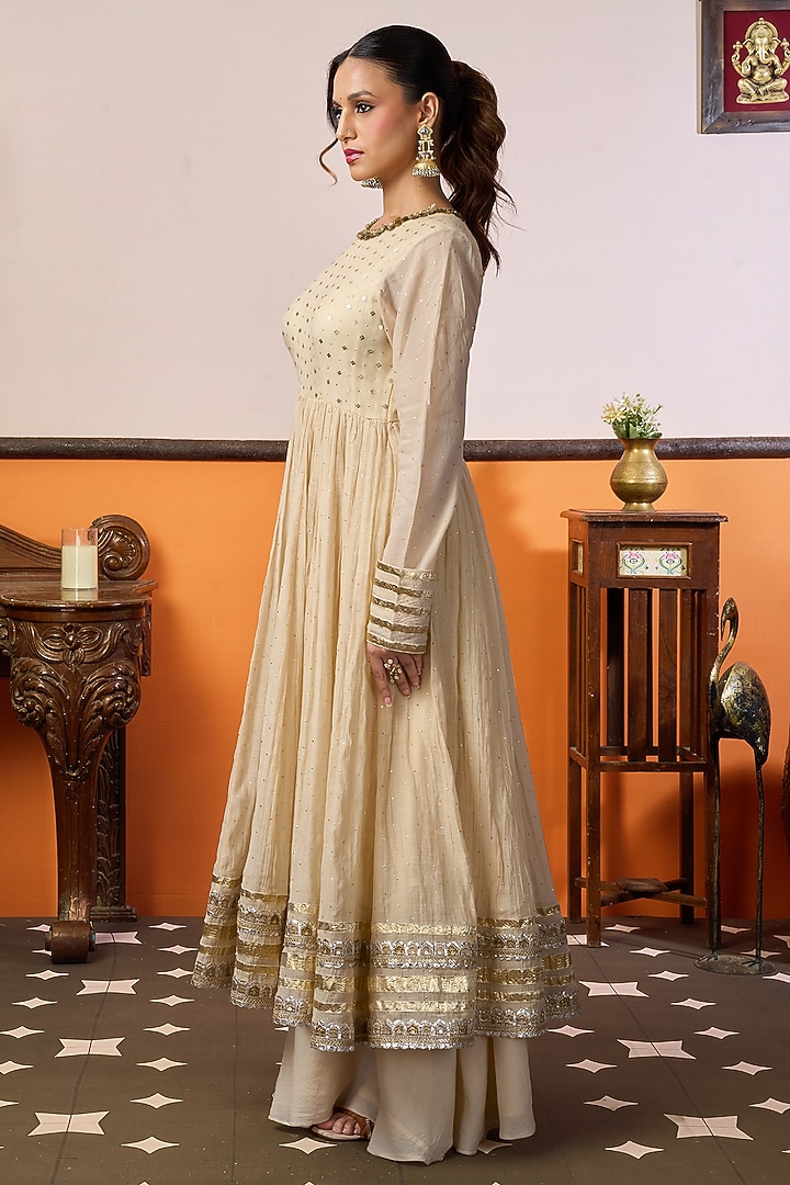 Beige Chanderi Silk Mukaish Work Party Wear Anarkali Set by ARJE India at Pernia's Pop Up Shop