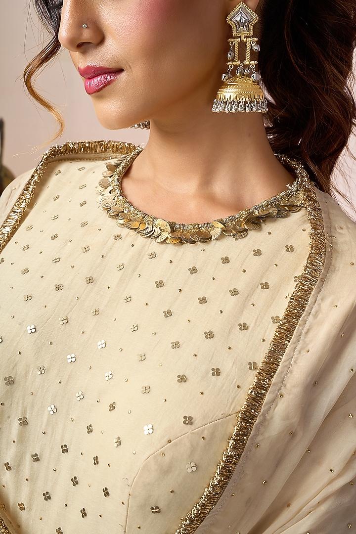 Beige Chanderi Silk Mukaish Work Party Wear Anarkali Set by ARJE India at Pernia's Pop Up Shop