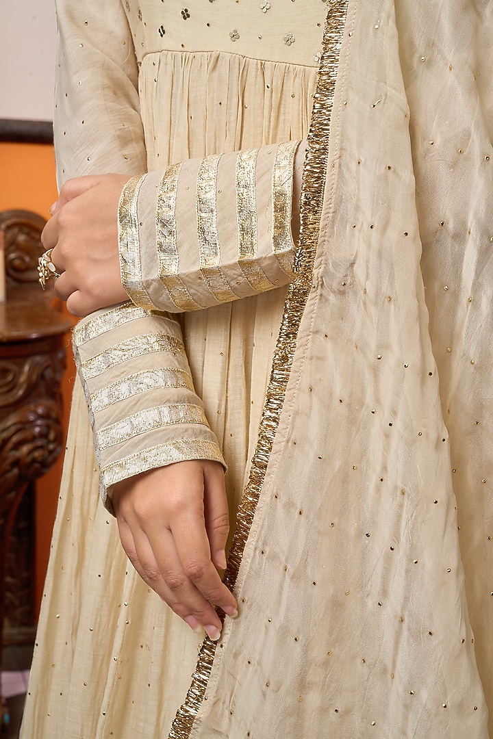 Beige Chanderi Silk Mukaish Work Party Wear Anarkali Set by ARJE India at Pernia's Pop Up Shop
