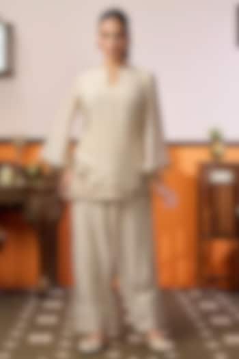 Beige Cotton Silk Patchwork Kurta Set by ARJE India at Pernia's Pop Up Shop