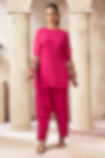 Rani Pink Cotton Silk Mukaish Work Short Kurta Set by ARJE India at Pernia's Pop Up Shop
