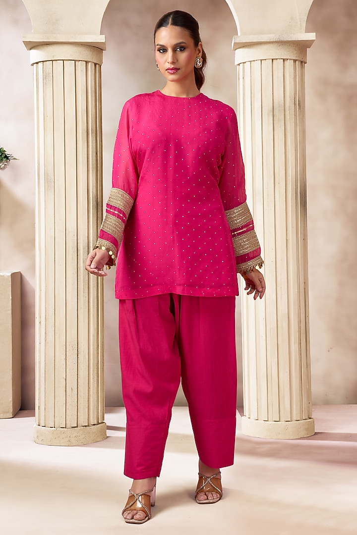 Rani Pink Cotton Silk Mukaish Work Short Kurta Set by ARJE India at Pernia's Pop Up Shop