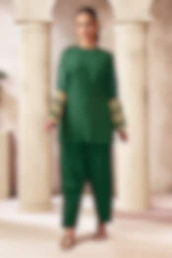 Dark Green Cotton Silk Mukaish Work Short Kurta Set by ARJE India at Pernia's Pop Up Shop