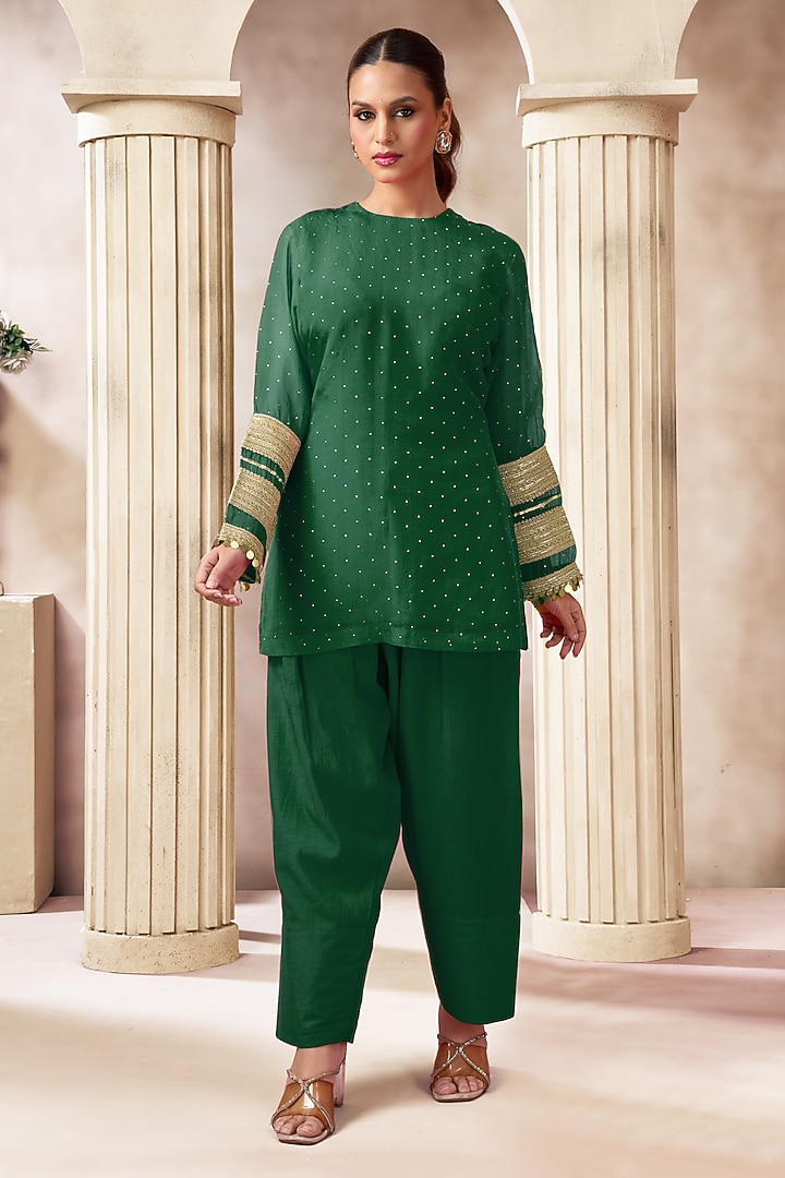 Dark Green Cotton Silk Mukaish Work Short Kurta Set by ARJE India at Pernia's Pop Up Shop