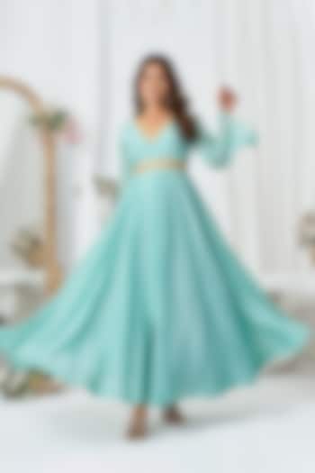Sky Blue Cotton Silk Handwork Party Wear Anarkali by ARJE India at Pernia's Pop Up Shop