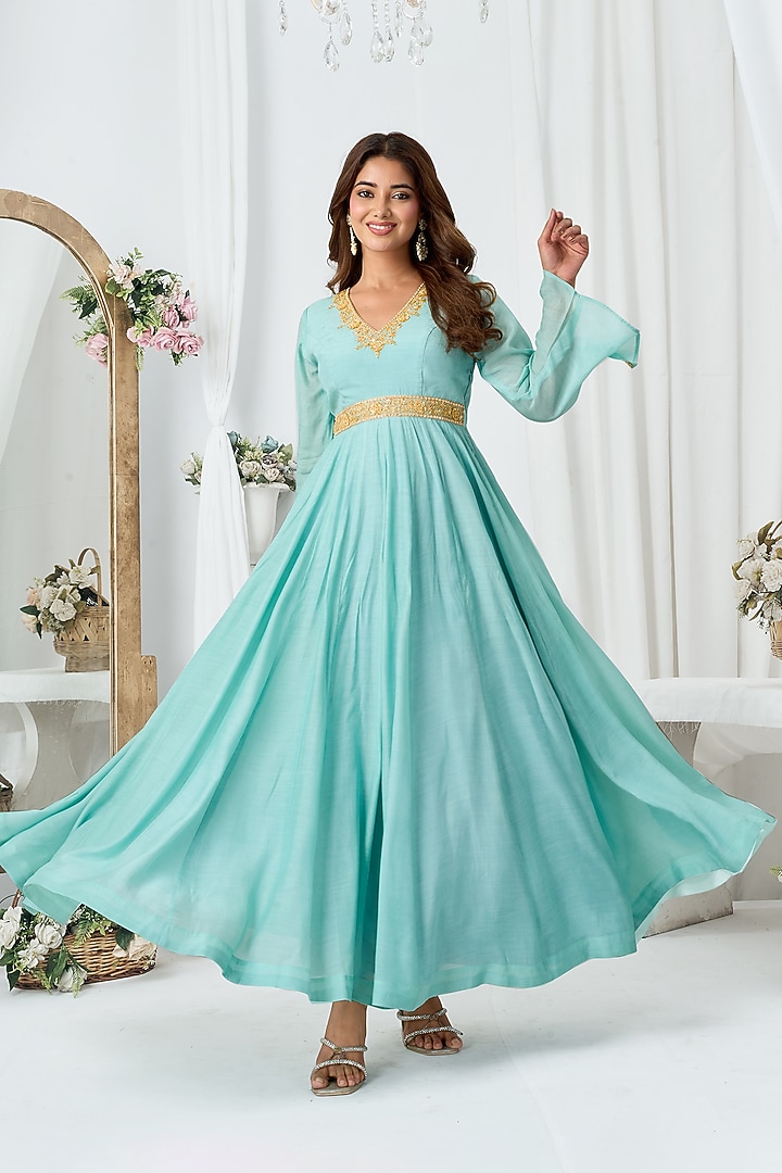 Sky Blue Cotton Silk Handwork Party Wear Anarkali by ARJE India at Pernia's Pop Up Shop