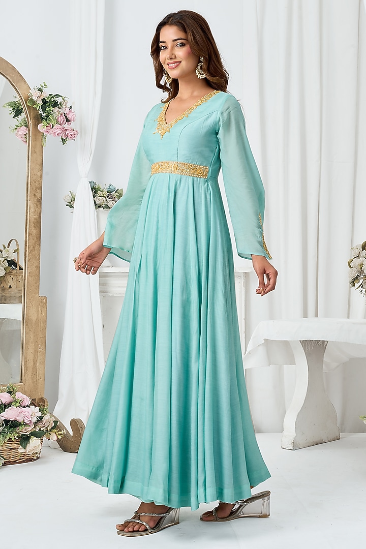 Sky Blue Cotton Silk Handwork Party Wear Anarkali by ARJE India at Pernia's Pop Up Shop