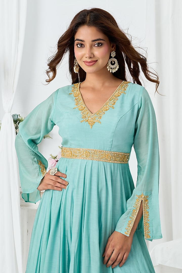 Sky Blue Cotton Silk Handwork Party Wear Anarkali by ARJE India at Pernia's Pop Up Shop