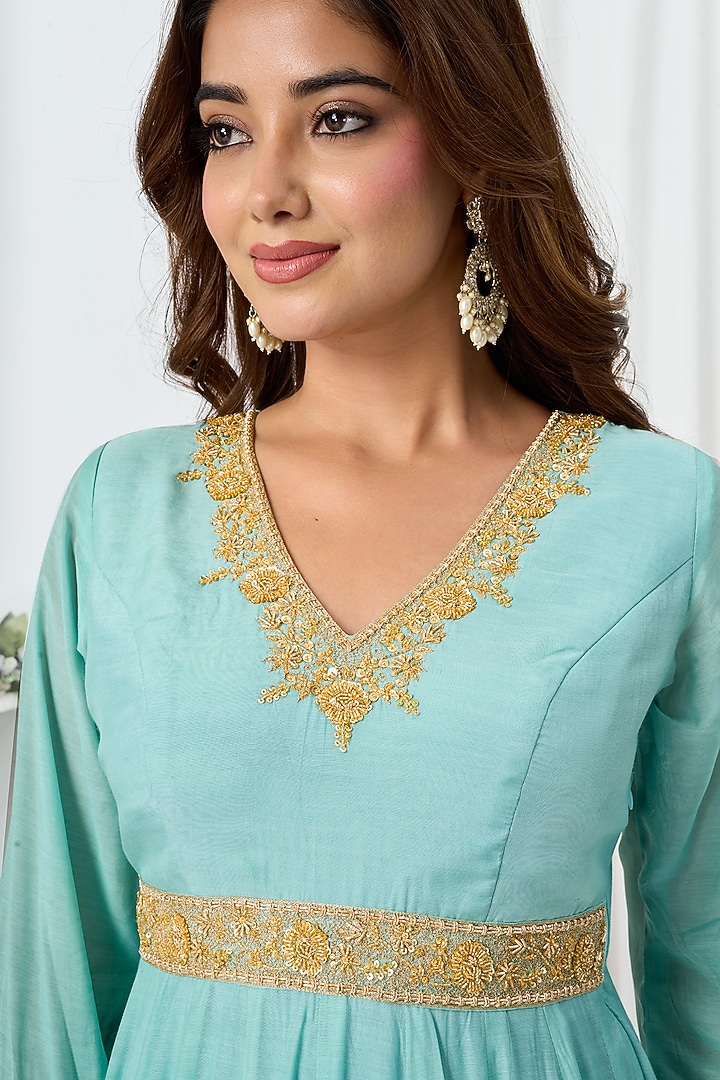 Sky Blue Cotton Silk Handwork Party Wear Anarkali by ARJE India at Pernia's Pop Up Shop
