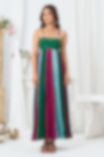 Dark Green Cotton Silk Gathered Party Wear Anarkali by ARJE India at Pernia's Pop Up Shop
