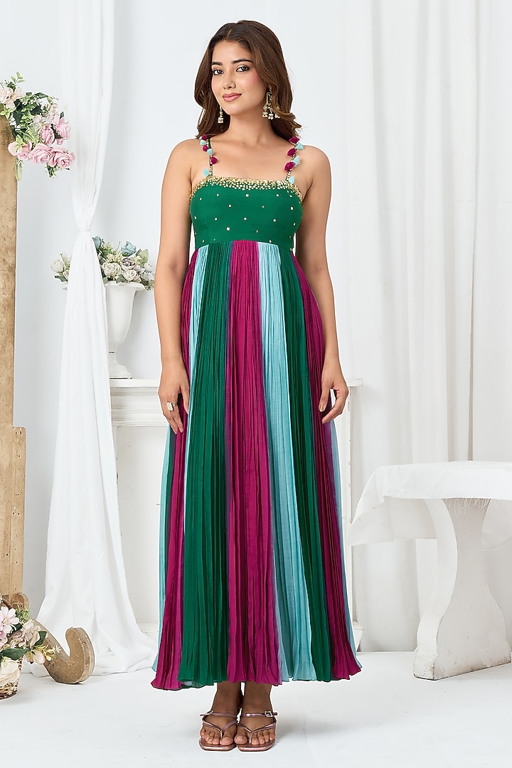 Dark Green Cotton Silk Gathered Party Wear Anarkali by ARJE India at Pernia's Pop Up Shop