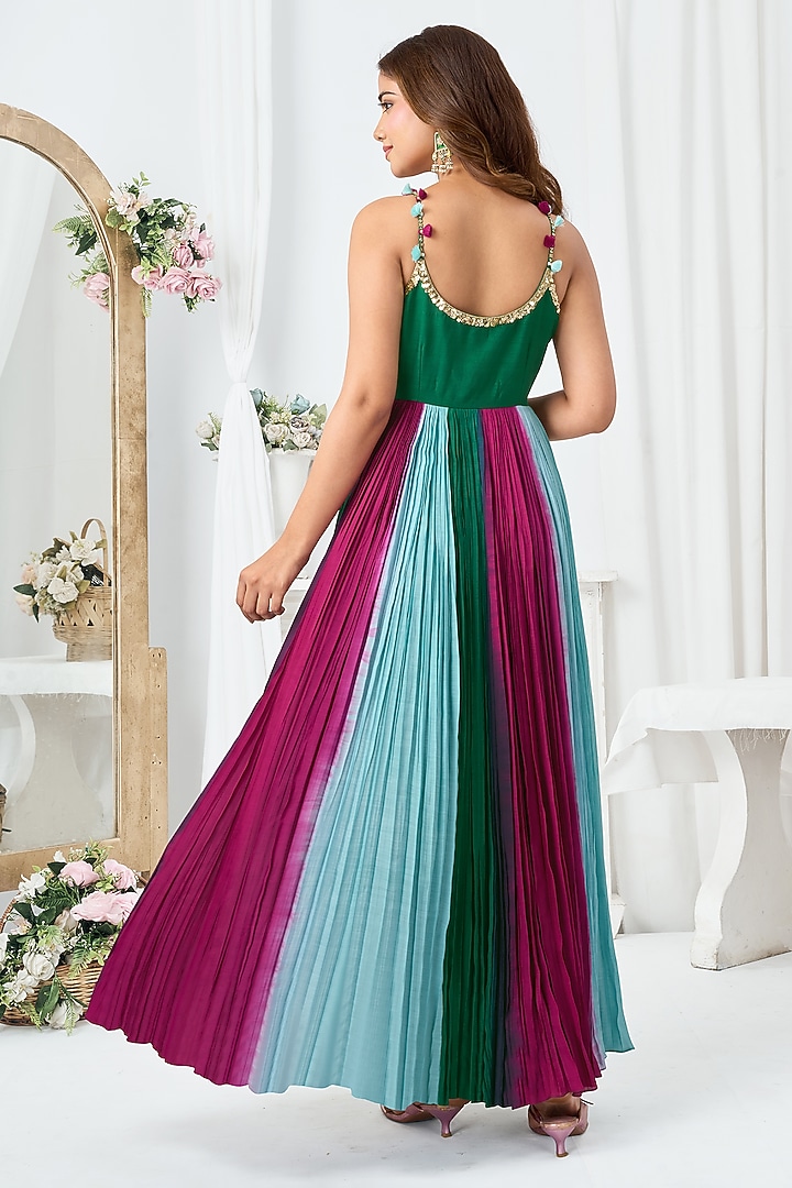 Dark Green Cotton Silk Gathered Party Wear Anarkali by ARJE India at Pernia's Pop Up Shop