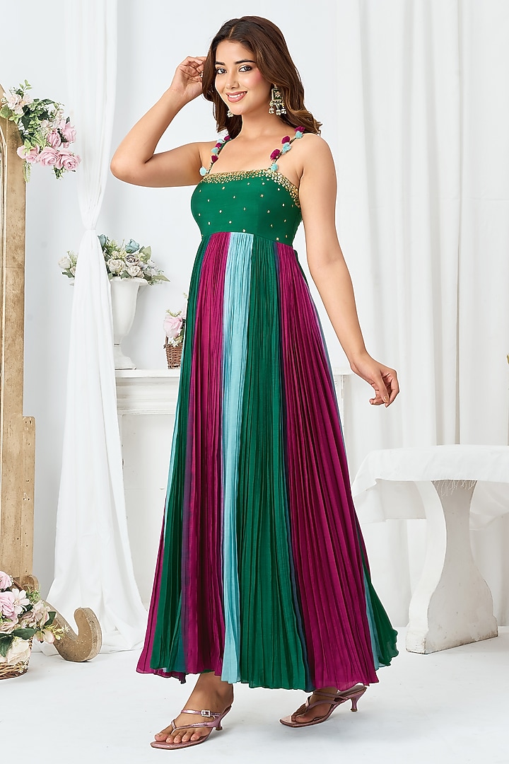Dark Green Cotton Silk Gathered Party Wear Anarkali by ARJE India at Pernia's Pop Up Shop