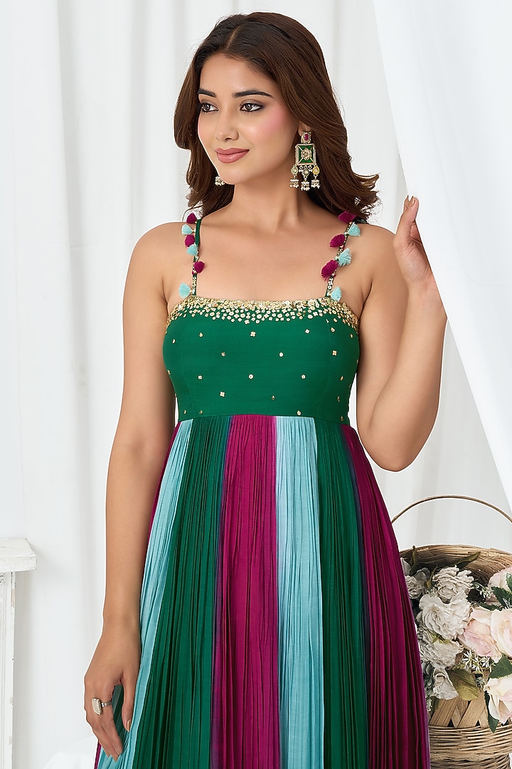 Dark Green Cotton Silk Gathered Party Wear Anarkali by ARJE India at Pernia's Pop Up Shop